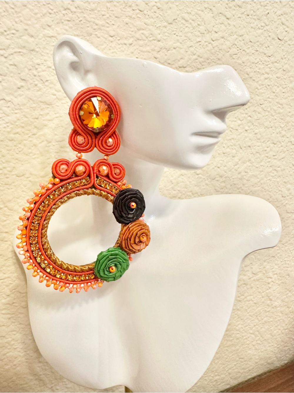 Handmade Mexican Orange Soutache Statement Earrings w/ Green and Black Accents